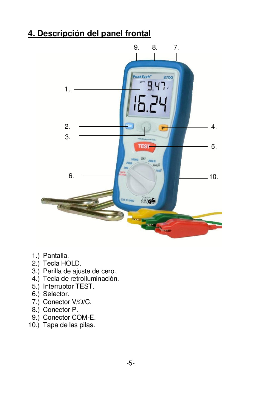 Medidor Digital de Tierra Peaktech P2700 , 0-2000Ω, CAT III 1000V MARCA PEAKTECH